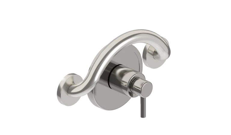 Brushed stainless steel PLUS crescent grab bar with a shower valve control.